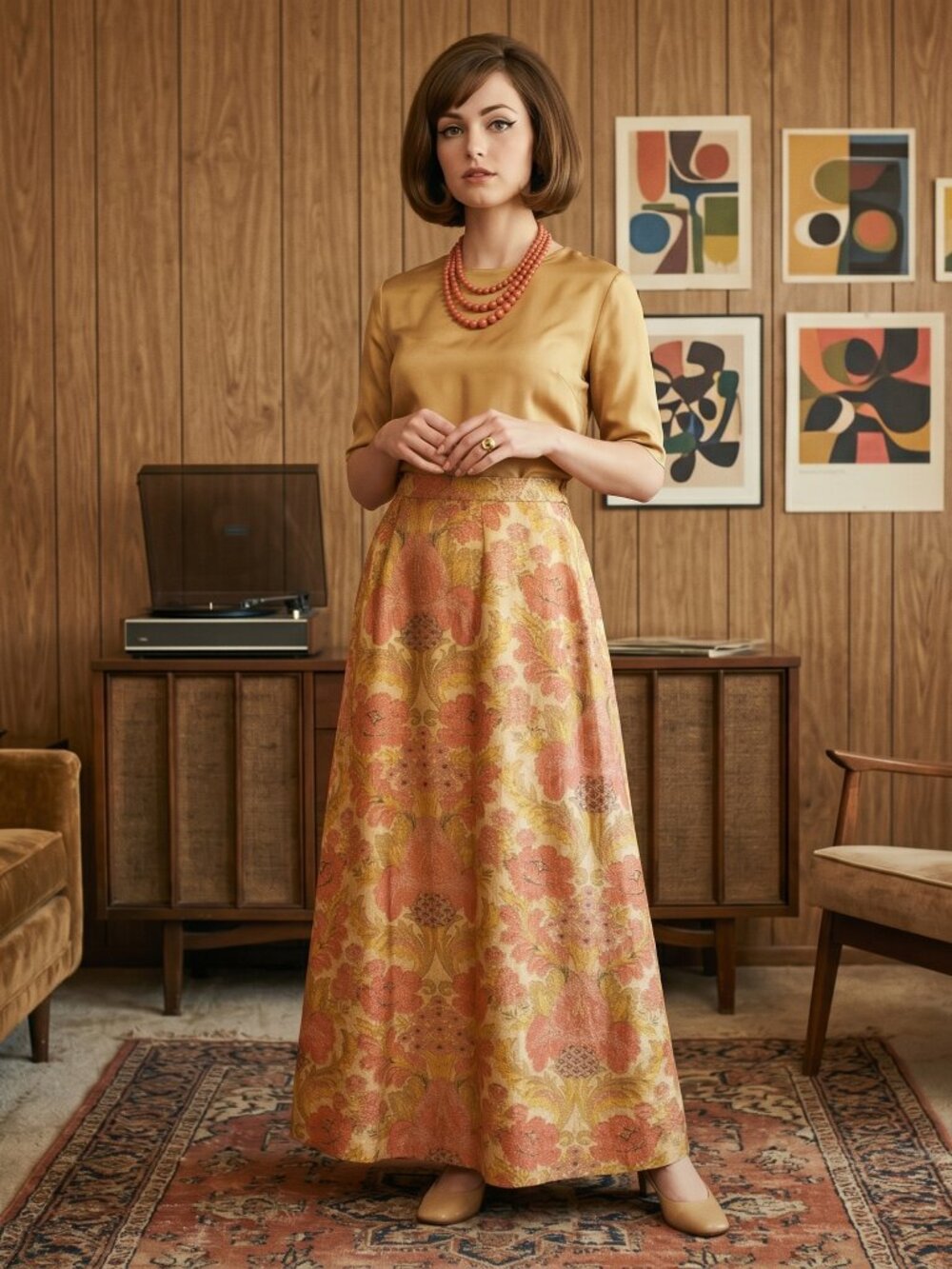 Vintage 1960s gold and red  floral metallic Patterned Maxi Skirt